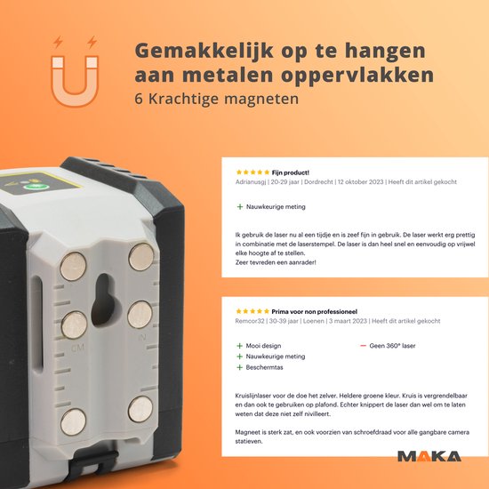 MAKA kruislijnlaser met magnetische achterkant voor bevestiging. Inclusief klantbeoordelingen.