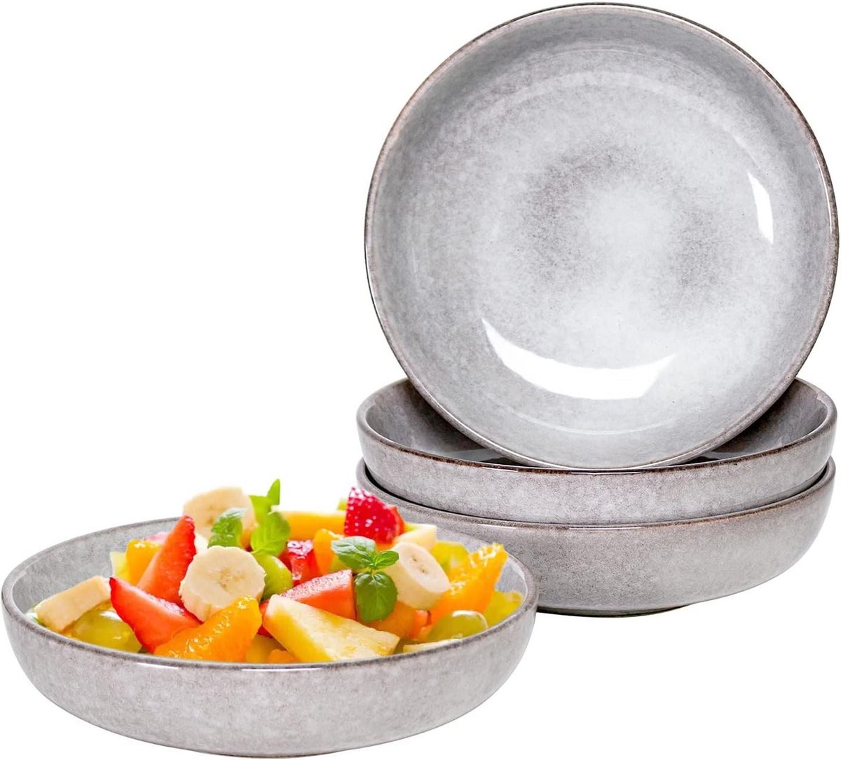 Ronde Keramische Kommen - Prachtige Salade Kommen Set Voor 4 Personen - Magnetron/Oven/Vaatwasser Geschikt - Lichtgrijs