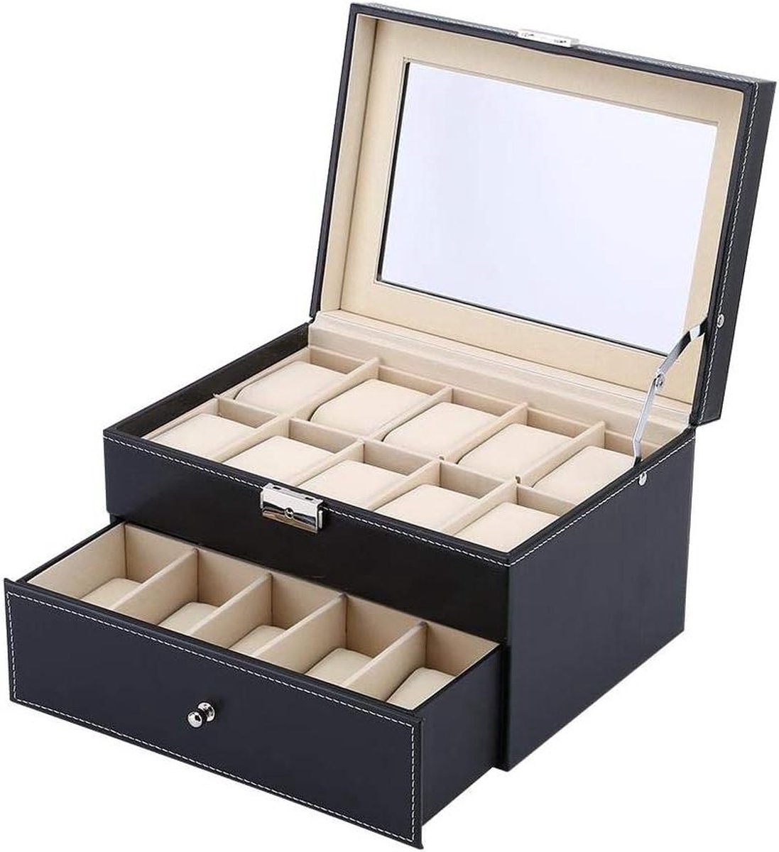 Schmuck Aufbewahrungsbox Uhren - Raster Kunstleder abschließbar - Organizer Uhrenbox Herren Watch Storage Display Box - Luxus-Uhrengehäuse mit herausnehmbaren Kissen - 20 Gitter.