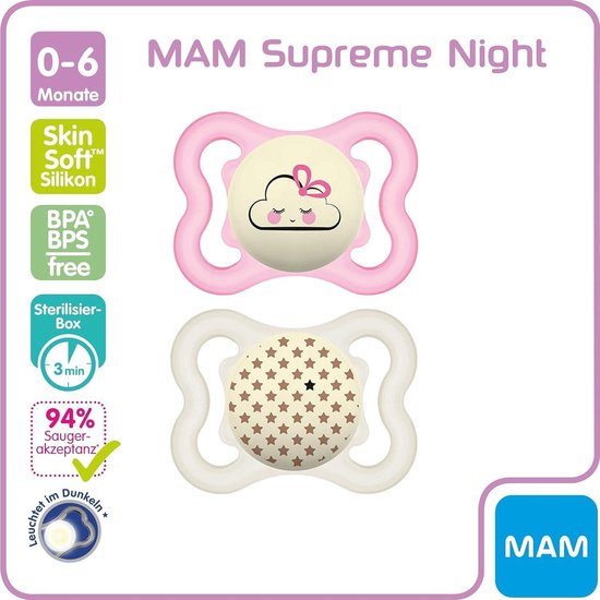 MAM Fopspeen 0-6 Night Silicone // 0-6 Mo. Uni // Set van 4 // incl. 2 sterilisetransportdozen