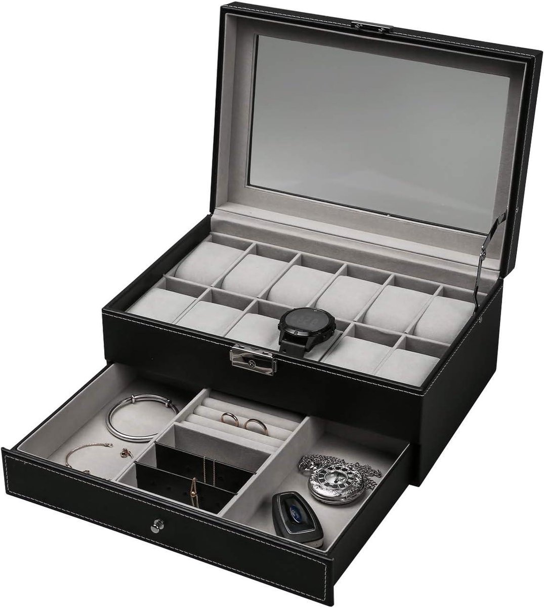 12 Slot PU Lederen Afsluitbare Horloge Opbergdozen - Mannen Vrouwen - Sieraden Display Lade Case - 2-Tier Organizer - Horloge Showcase - Glazen Deksel