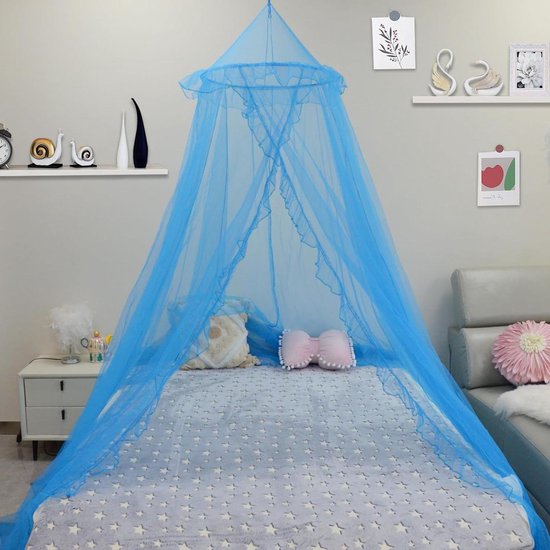 Foto: Klamboe hangend baldakijn kinderkamer bedhemel babybed 4 kleuren kanten afwerking insectennet muggenbescherming volwassen bedden babybedden decoratie blauw