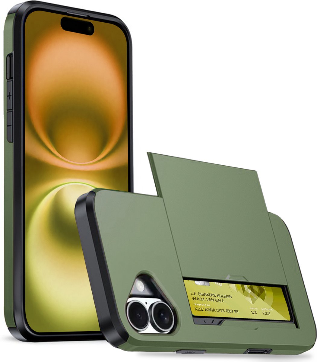 Hoesje Geschikt voor iPhone 16 Hoesje Case Pashouder Hard Cover - Hoes Geschikt voor iPhone 16 Hoesje Met Kaarthouder - Donkergroen
