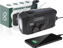 Zwarte noodradio met zonnepaneel, zaklamp, SOS, en oplaadbare powerbank, naast de verpakking.
