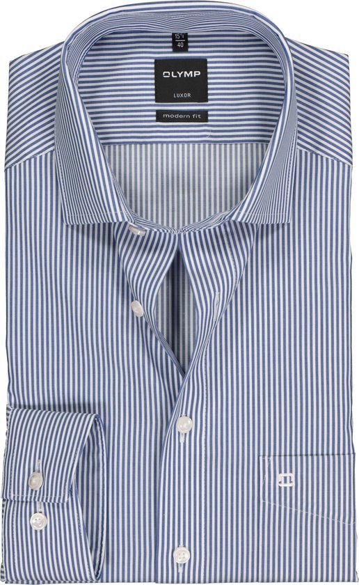 OLYMP Luxor modern fit overhemd - marine blauw met wit gestreept - Strijkvrij - Boordmaat: 39