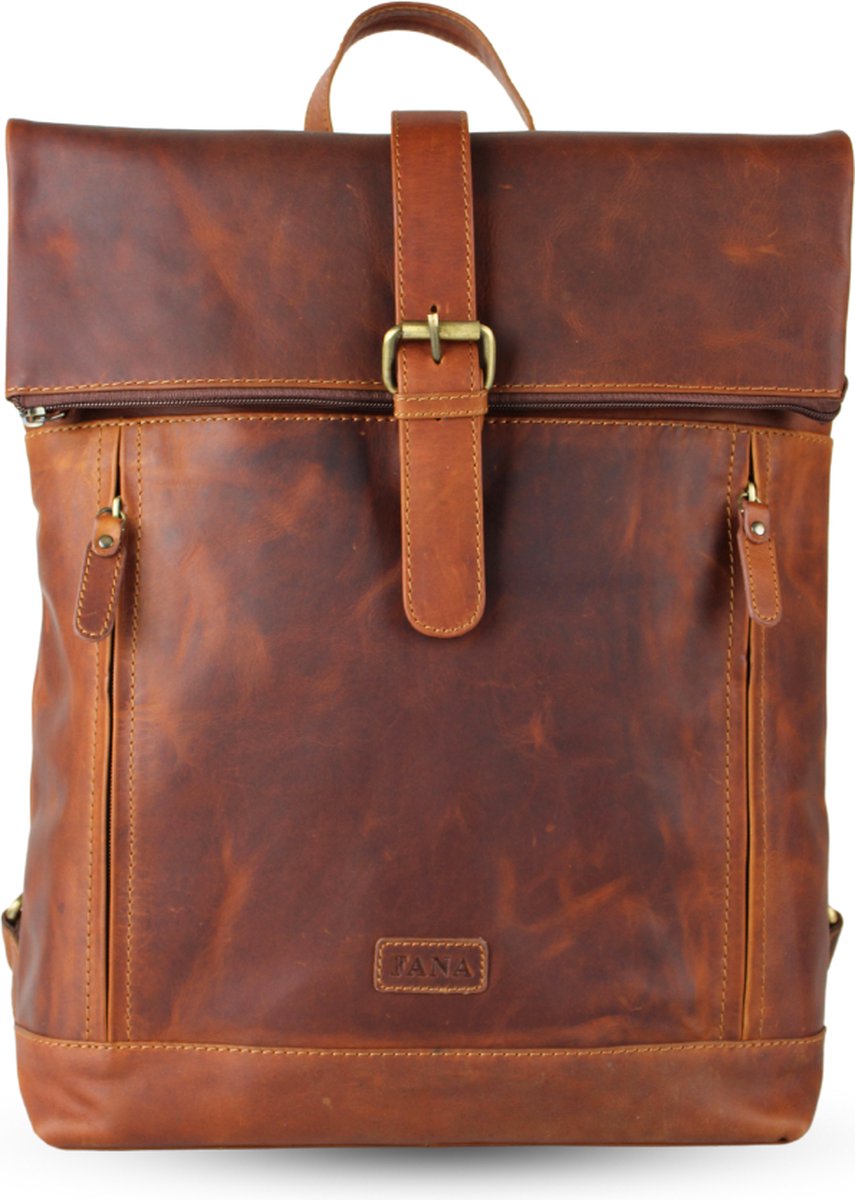 Fana Bags Leren Rugzak Cognac - Werk Rugzak met Veel Vakken - Business Rugtas Leer - Leren Rugtas Dames / Heren