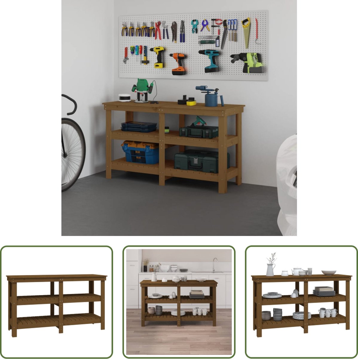 The Living Store Werkbank Rustiek Grenenhout 142.5x50x80 cm Honingbruin