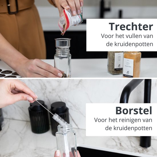 Boven: Vullen van kruidenpotje met trechter. Onder: Schoonmaken kruidenpotje met borstel.