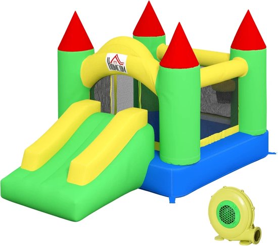 COSTWAY Springkasteel met waterglijbaan tropisch 7-in-1 waterpark met lange glijbaan kinderbadje basketbalkorf en waterpistool incl. ventilator 460 x 285 x 230 cm Meerkleurig