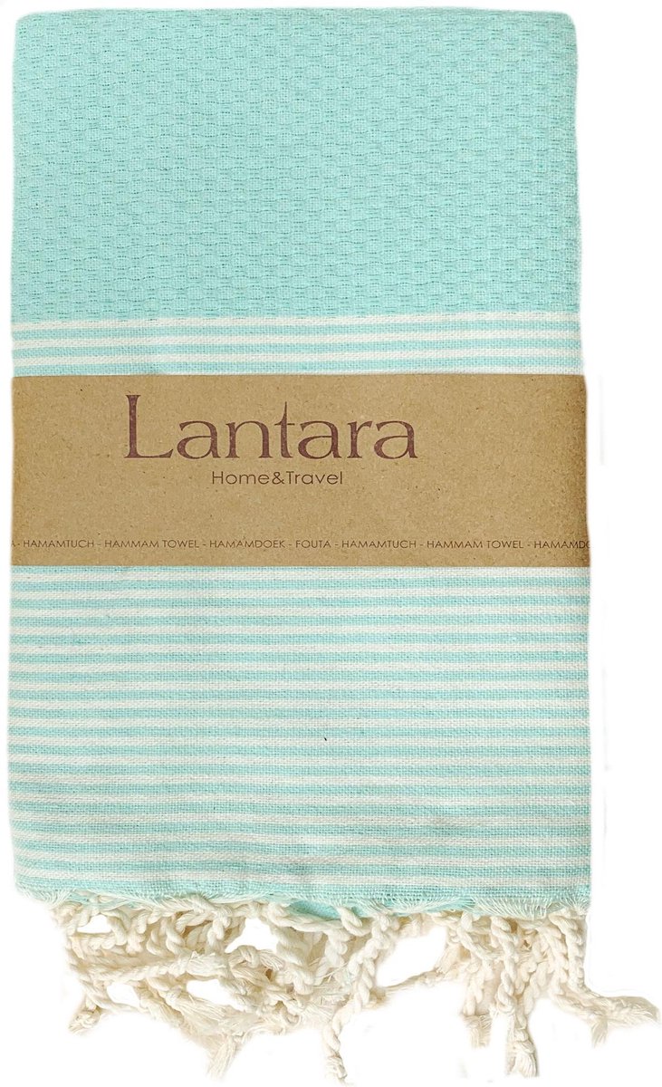 Lantara Hamamdoek Wafel Katoen - Mint Groen met ecru streepjes - 100x200cm