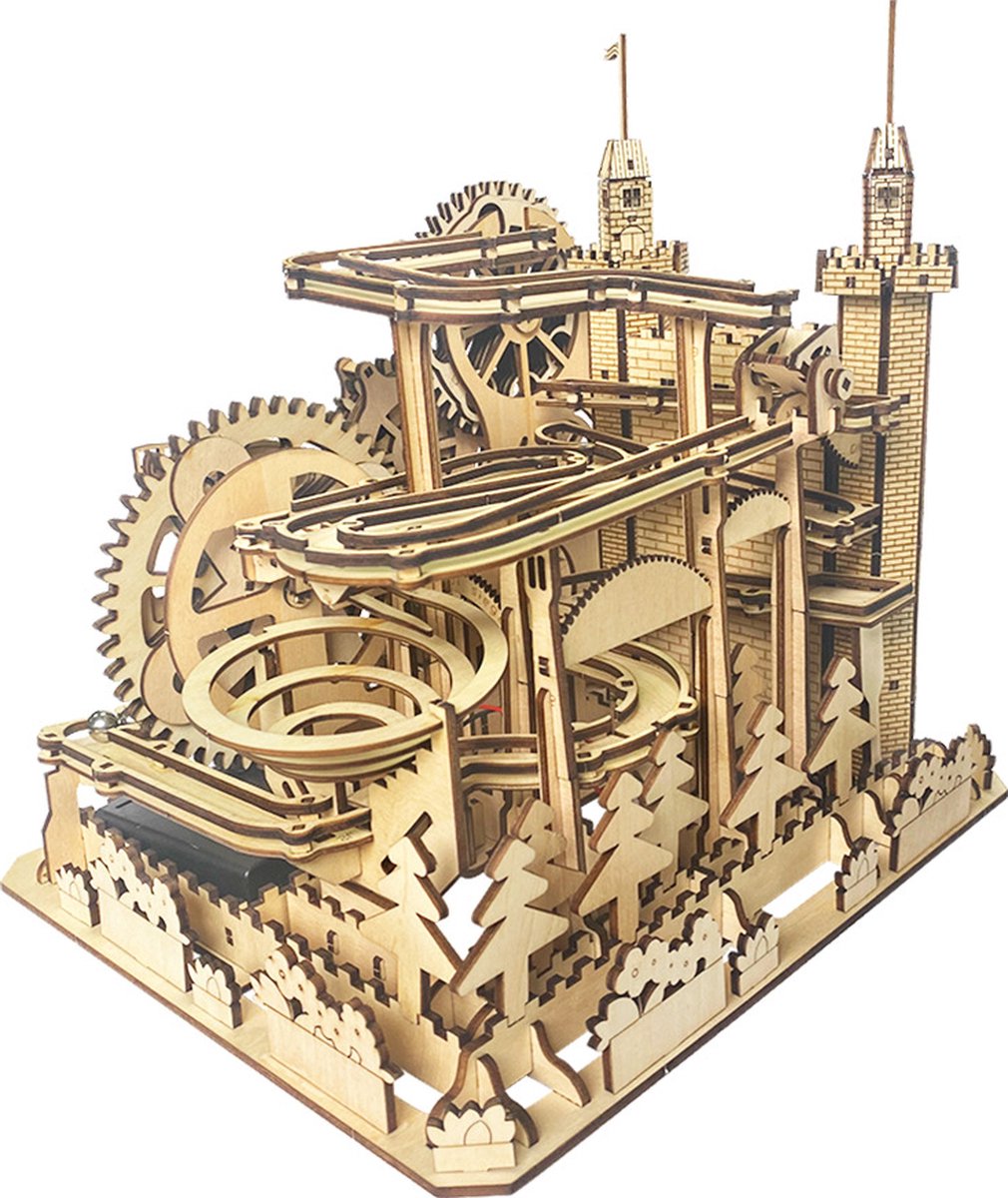Meedeer Houten Bouwpakket-3D puzzel-houten puzzel-mechanische constructie-Set met houten achtbaan met knikkers voor volwassenen en kinderen-met de hand in elkaar te zetten-mechanisch tandwiel-3D-puzzel-constructieset met 10 stalen knikkers — cadeau in Spellen & Speelgoed - foto 4