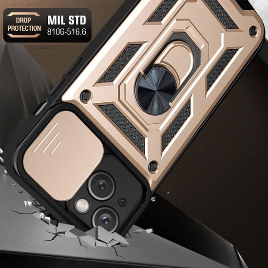 BixB hoesje geschikt voor iPhone 15 met Ringhouder en Camera schuifje backcover - Goud