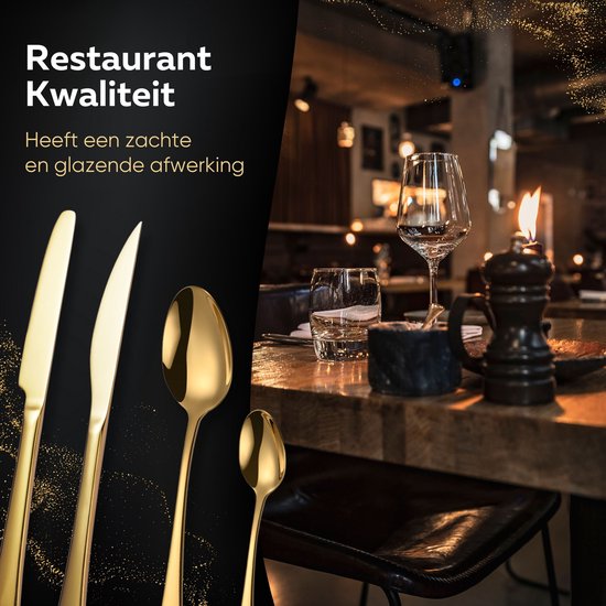 Gouden bestekset op een zwarte achtergrond, naast een gedekte tafel met wijnglazen en een kaars. "Restaurant Kwaliteit" en "Heeft een zachte en glanzende afwerking".