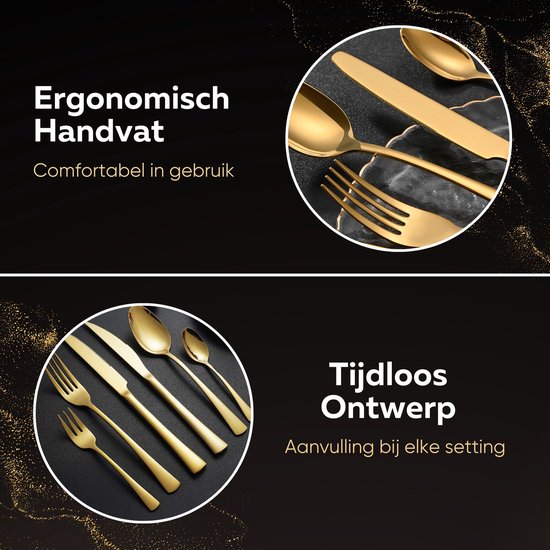 Gouden bestekset met ergonomische handvatten. "Ergonomisch Handvat" en "Comfortabel in gebruik", "Tijdloos Ontwerp" en "Aanvulling bij elke setting".