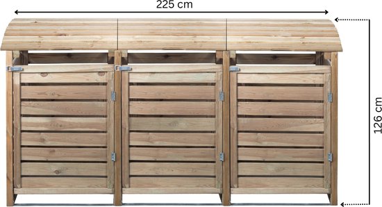 Houten containerombouw voor drie containers, 225 cm breed en 126 cm hoog.