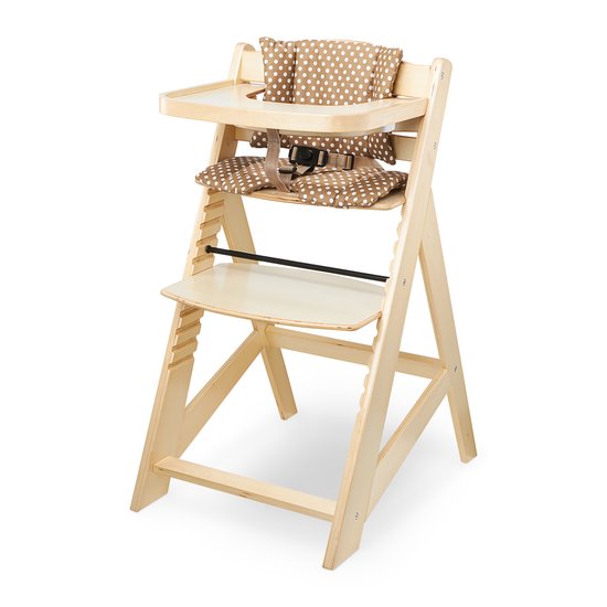 Moby-System Woody chaise haute, réglable en hauteur, chaise de salle à manger en bois, siège avec kussen, ceinture de sécurité 3 points, bois massif
