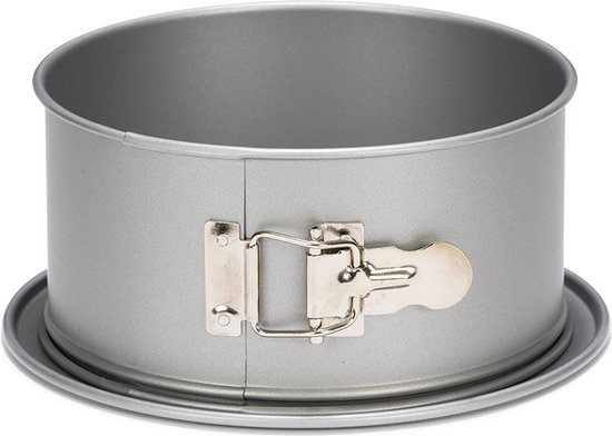 Een zilverkleurige, ronde springvorm met een losse bodem en een hendel.