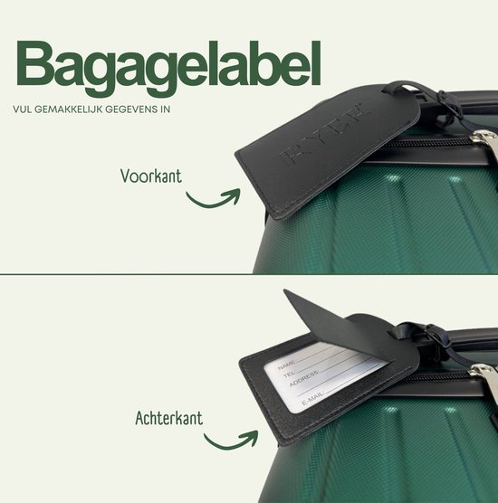 Zwart lederen RYER bagagelabel met voor- en achterkant voor contactgegevens.