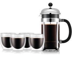 French press koffiezetapparaat - BODUM - CHAMBORD SET - 8 kopjes 1,0 l + 4 dubbelwandige PAVINA glazen 25 cl