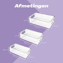 Afmetingen van drie transparante opbergbakken, verschillend in hoogte, breedte en lengte.