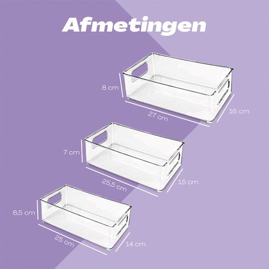 Afmetingen van drie transparante opbergbakken, verschillend in hoogte, breedte en lengte.