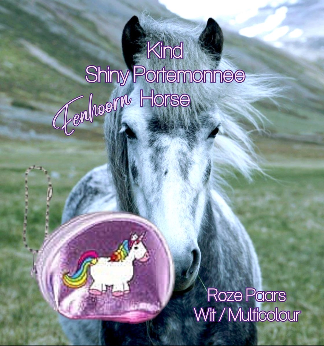 Huiscollectie - LFA - Mini portemonnee / earplug etui /snuisterij tasje - éénhoorn paardje - regenboog manen / staart - Roze Paars / Wit Multicolour - Shiny lak leder - 6,5x5,5 cm - kinderen - unisex - casual feest verjaardag