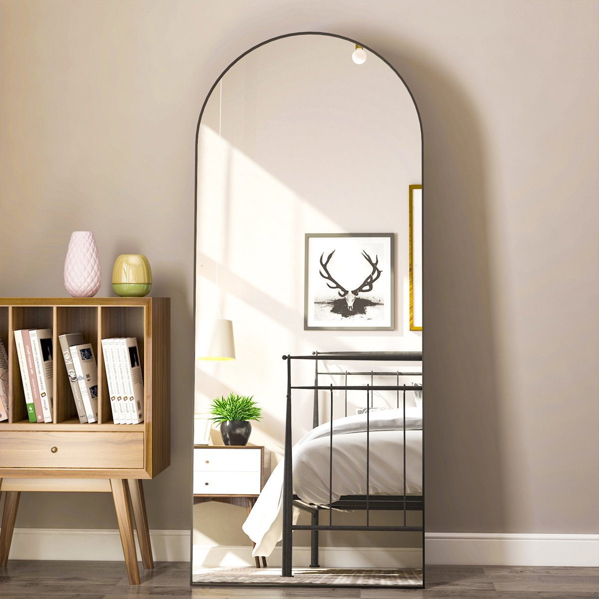 NEUWEABY Gebogen Vloerspiegel 198 x 96 cm volledige lengte spiegel met standaard, grote wandspiegel, full-body spiegel, Zwart staand Hangend of tegen de muur te zetten voor slaapkamer