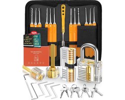 32-delige Lock Pick Set met 4 transparante trainingssloten - handmatige en ritssluiting - beginners en slotenmaker Training - Oranje