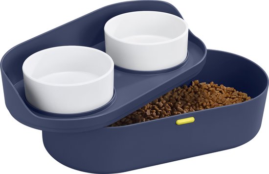 Navaris verhoogde voerbak set met standaard - 2 melamine voerbakken incl. houder met opslagruimte voor voer - Voerbak kat - Voerbak hond - blauw