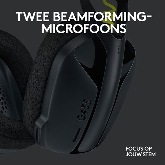 Casque G435 noir mettant l'accent sur la voix grâce à deux micros beamforming.