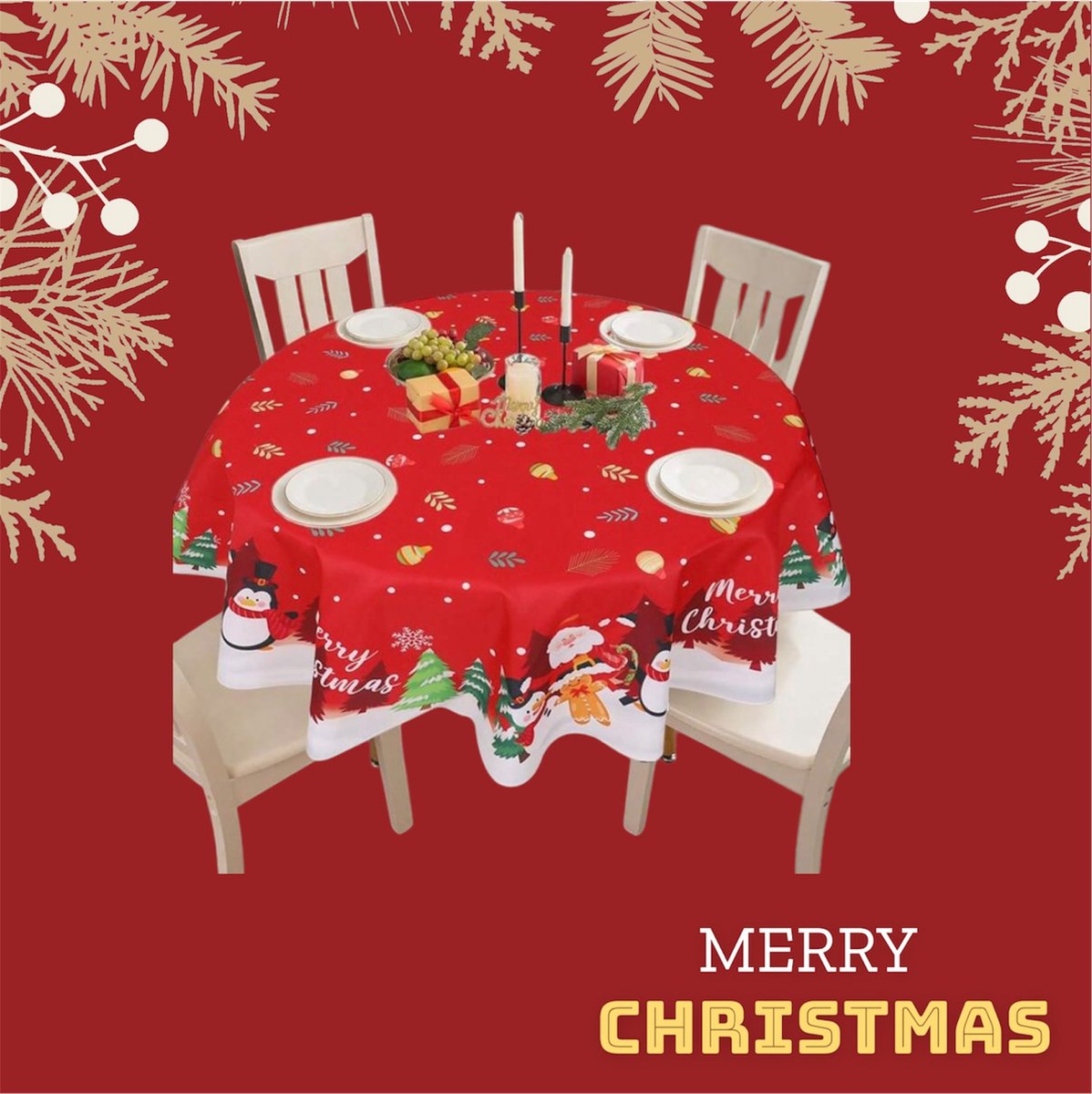 Twenty Two Kersttafelkleed rond 150 cm rood Merry Christmas, kerstman - Tafelkleed voor kerst, kerstfeest decoratie, rond tafelkleed, kerstdiner - herbruikbaar, waterafstotend en vuil afstotend