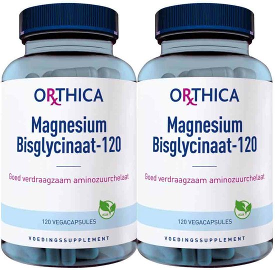 Twee flessen Orthica Magnesium Bisglycinaat-120, elk met 120 vega capsules. Op het etiket staat 'Goed verdraagzaam aminozuurchelaat' en 'Vegan'.