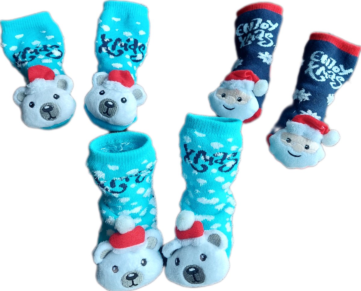 Baby - Kerstsokken - Set van 3 paar - Huissokken - Unisex - kinderen - Warme wintersokken - Anti-slip - Kleur Meerkleurig - Maat 74-86 - 6 t/m 12 maanden - Kerst - Cadeau