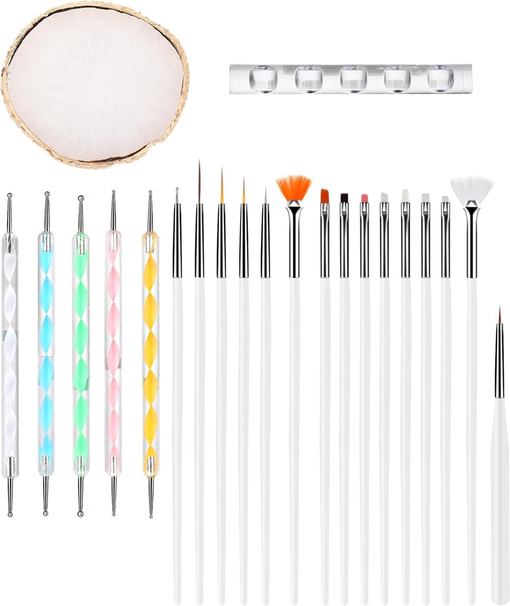 Goedkoopste YUBBI Nail Art Penselen met Houder - Dottingtools - Stripers en Kwasten - Mixing Palette - 22 Delig