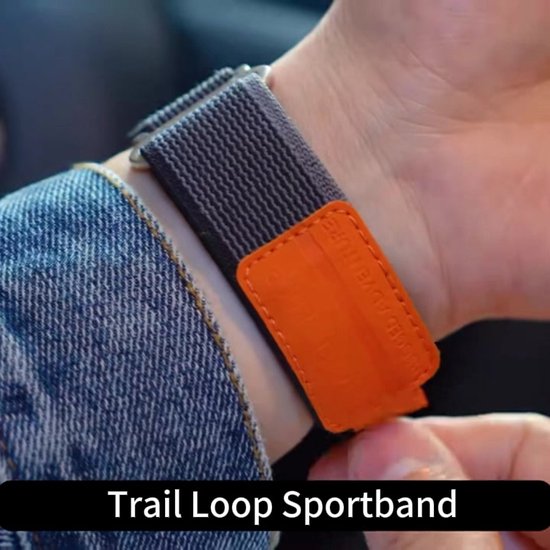 Stravo Trail Loop Sport bandje Zwart/Grijs – Geschikt voor Apple Watch 46mm (Series 10/11), 45mm (Series 7/8/9), 44mm (Series 4/5/6, SE 1/2/3), 49mm (Ultra 1/2/3) – Zachte nylon Zachte nylon Horlogebandje met klittenbandje