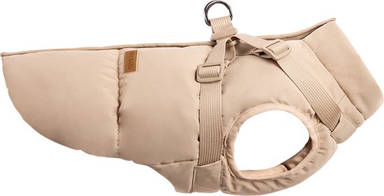 Beige hondenjas met klittenbandsluiting en D-ring.