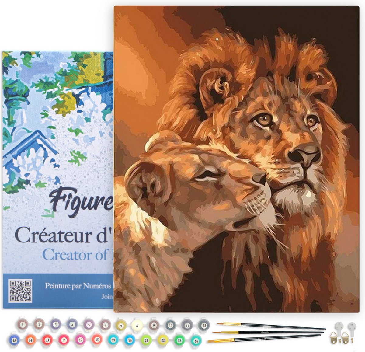 Figured'Art Schilderen op Nummer Volwassenen met lijst - Leeuw en leeuwin koppel - Handwerk acrylverf Kit DIY Compleet - 40x50cm Canvas al ingelijst