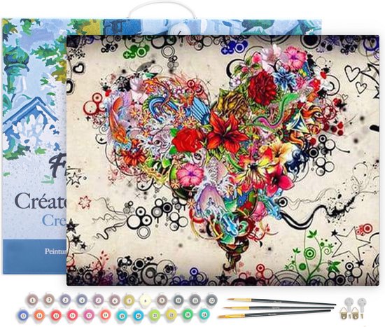 Figured' Art Peinture par numéros Adultes avec cadre – Fleurs d'amour – Kit de peinture acrylique artisanal DIY complet – Toile 40 x 50 cm déjà encadrée