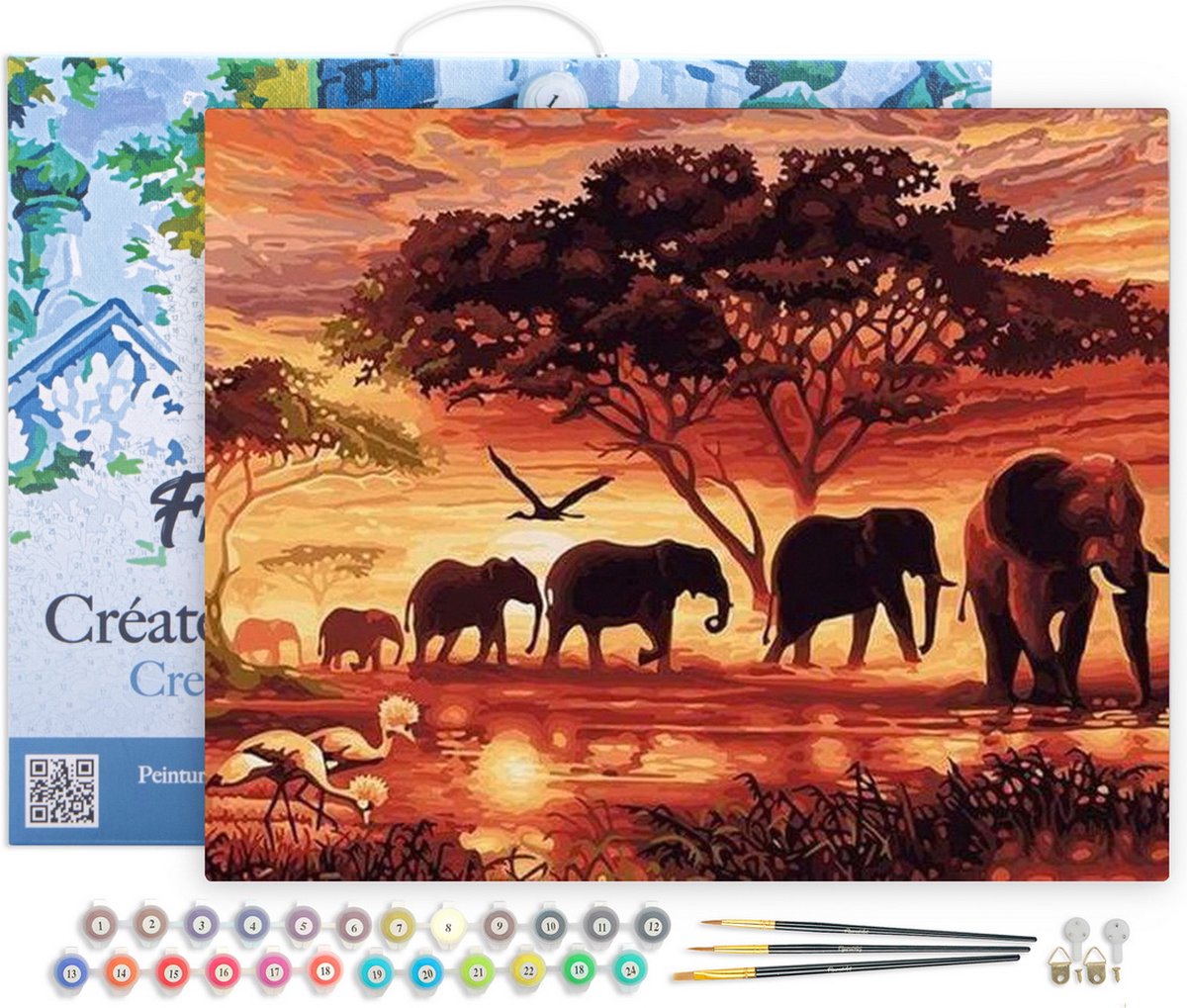 Figured'Art Schilderen op Nummer Volwassenen met lijst - Olifanten bij zonsondergang - Handwerk acrylverf Kit DIY Compleet - 40x50cm Canvas al ingelijst