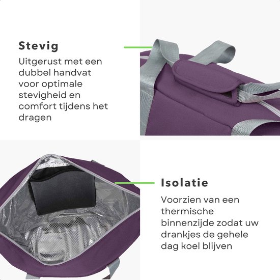 Cheqo® Geïsoleerde Koeltas - 22,3 liter - Paars - Isolerend - Thermische Binnenkant - Dubbel Handvat - Rits - 18,5 x 18 cm - Verstevigde Bodem - Voor Picknick & Boodschappen van Cheqo — afbeelding 3