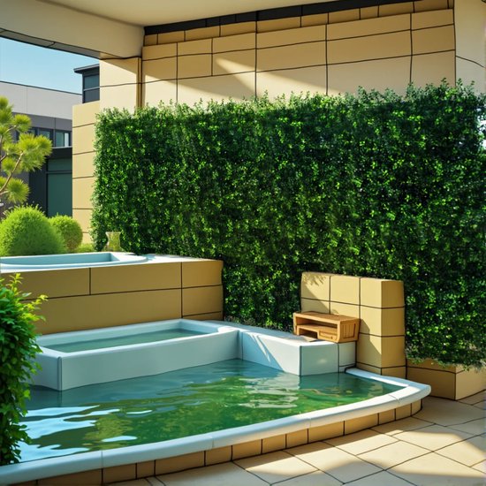 Buitenbad met groen water, omringd door beige tegels en een hoge groene heg.