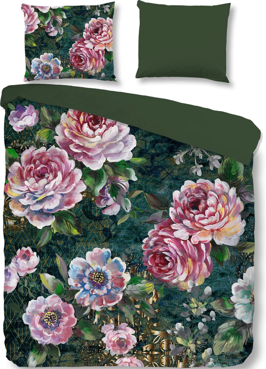Luxe Katoenen Dekbedovertrek 240x220 cm - Bloemenprint - Groen/Roze - 2 Persoons - 100% Zacht Katoen