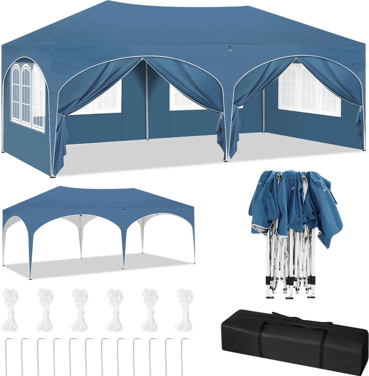 DHN Partytenten - Partytent opvouwbaar - Partytent easy up met zijwanden - Waterdicht en Weersbestendig - 3x6 m - Blauw