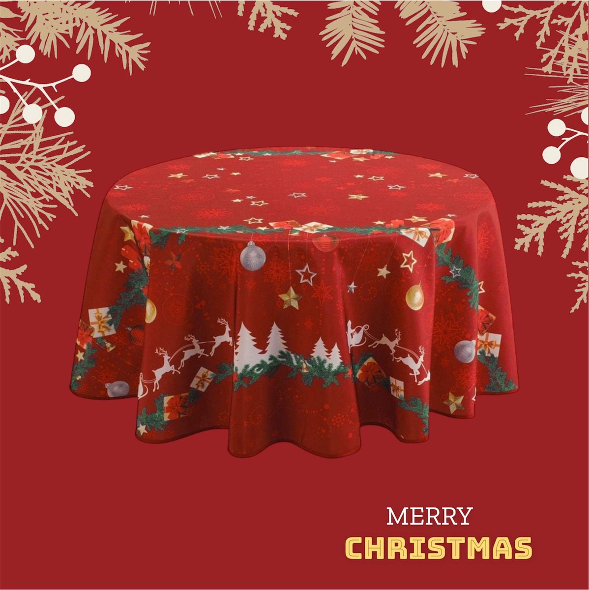 Twenty Two Kersttafelkleed rond 160cm rood met rendieren, kerstballen, kerstvlokken patroon - Tafelkleed voor kerst, kerstfeest decoratie, rond tafelkleed, kerst diner- herbruikbaar, waterafstotend en vuil afstotend