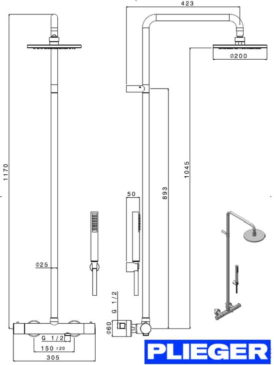 Brauer Chrome Edition Opbouw Regendoucheset Met 3 Standen Handdouche E Hoofddouche 20cm Chroom