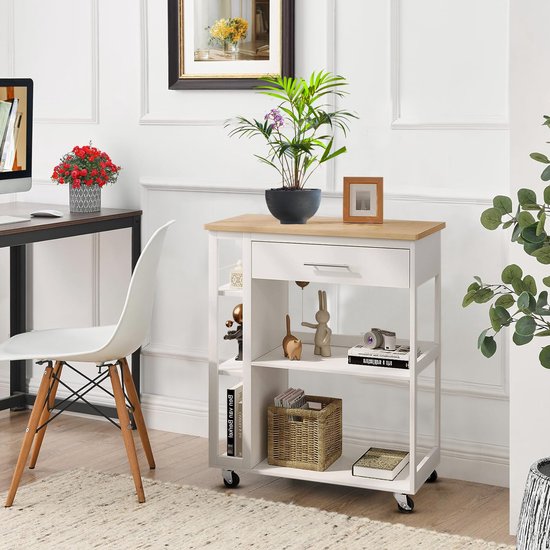 BukkitBow - Desserte de Cuisine avec plan de travail - Desserte de cuisine sur roulettes - Avec tiroir et Planches ouvertes - Avec frein pour les roulettes - Armoire d'épicerie mobile / Support de rangement