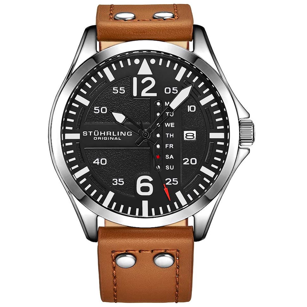 Stührling Aeronaut 3916 Quartz 43mm Aviator Horloge - Horloge Heren - Horloges voor Mannen - Waterdicht 10 ATM - Alligator-gestempelde Leren Band