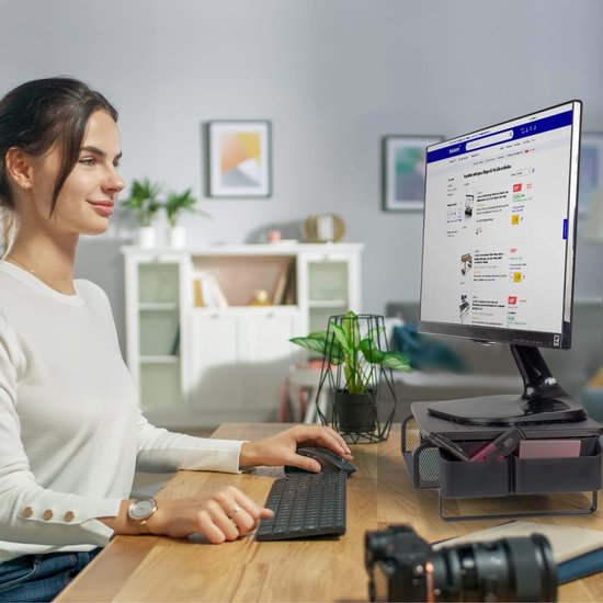 Ekisemio Metalen monitorstandaard en computerbureau-organizer met lade voor laptop, computer, iMac, zwart