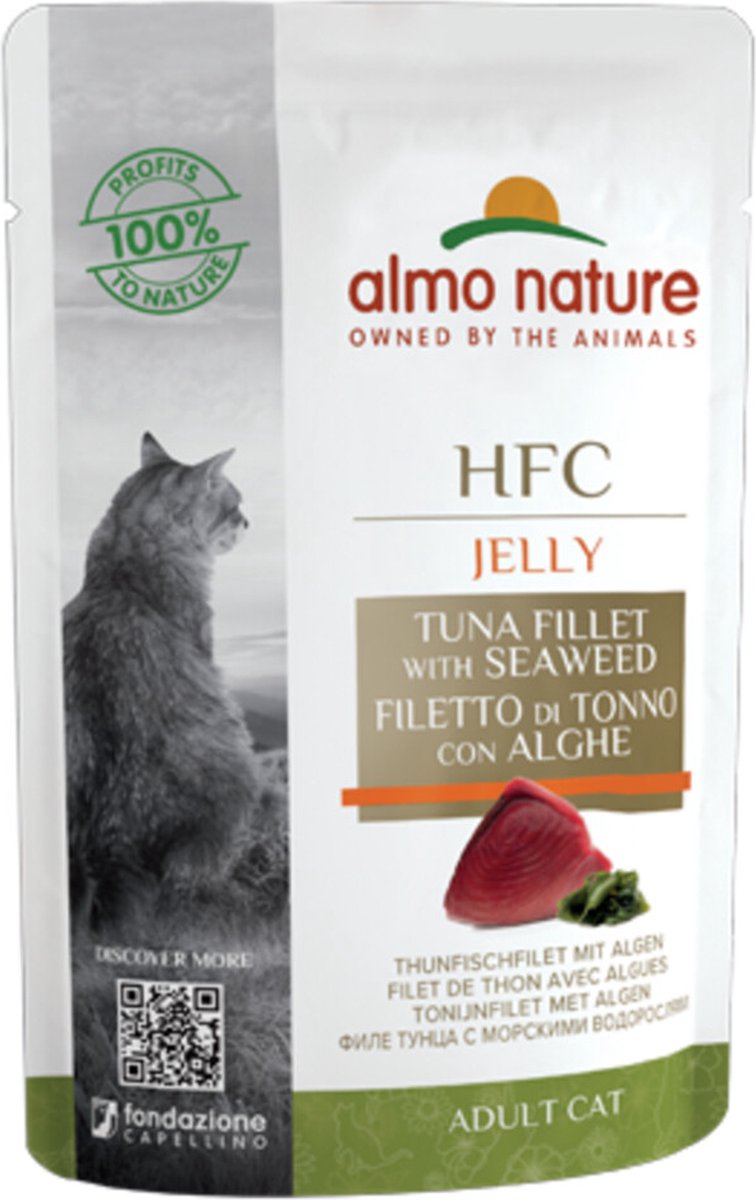 48x Almo Nature HFC Jelly Kattenvoer Nat Blikje Tonijnfilet & Algen 55 gr