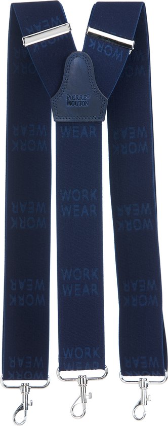 Donkerblauwe bretels met 'WORK WEAR' print en 3 metalen haken.
